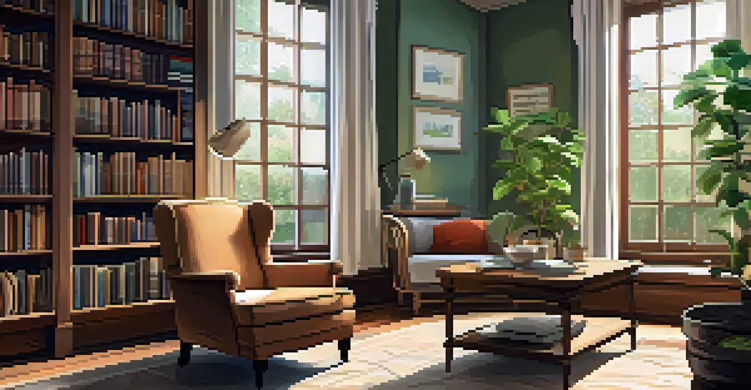 A cozy room with an armchair, a journal, a cup of tea, and bookshelves, filled with soft natural light.