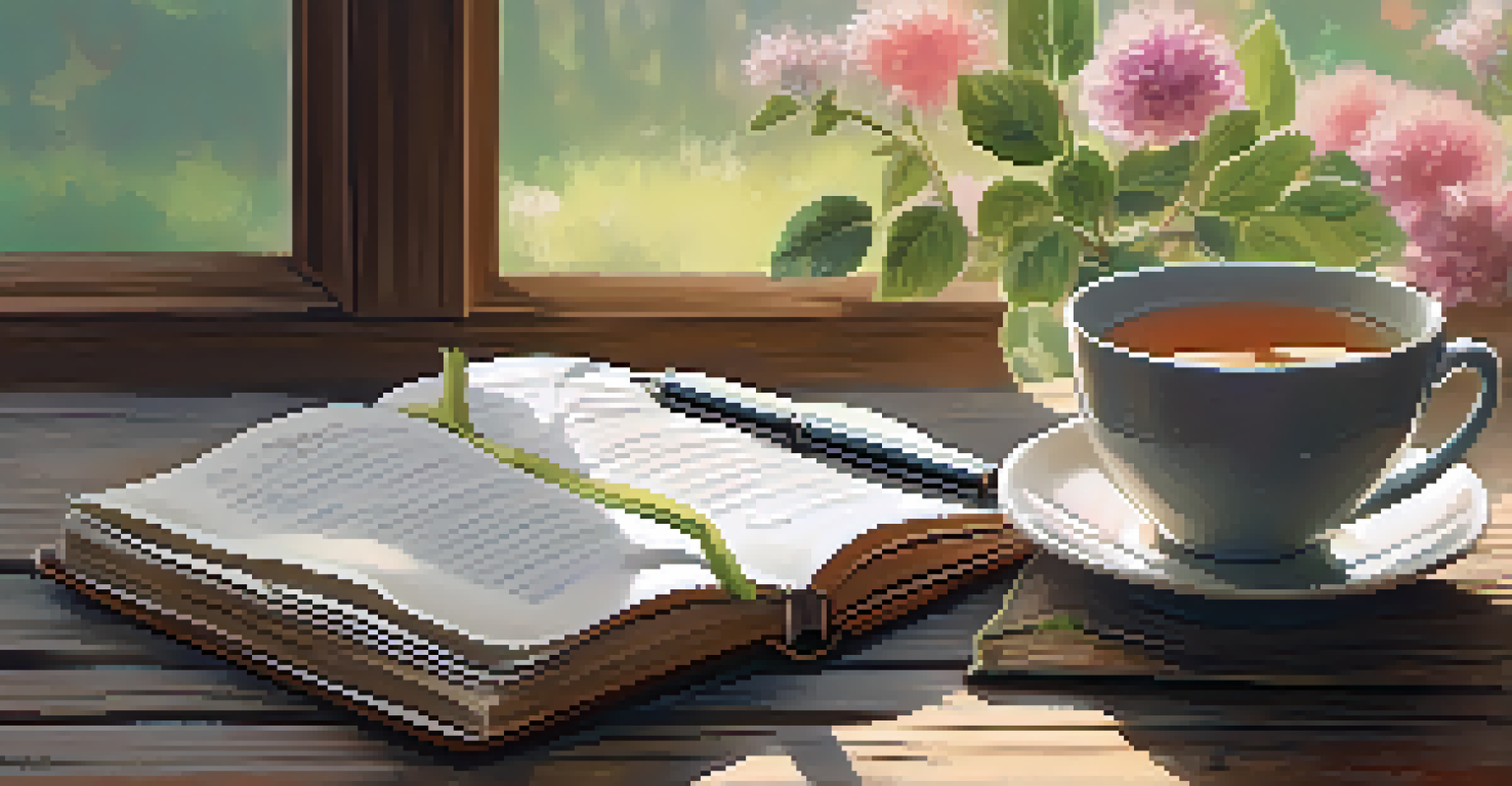 An open notebook with handwritten notes on personal growth next to a cup of herbal tea, surrounded by blooming pastel flowers, illuminated by natural light.