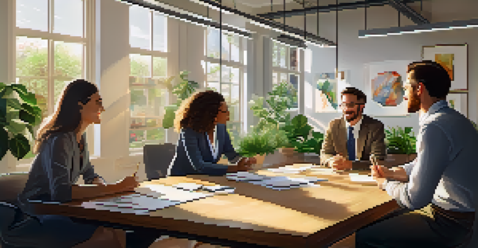 A diverse group of professionals engaged in a lively discussion in a well-lit office with plants and artwork.