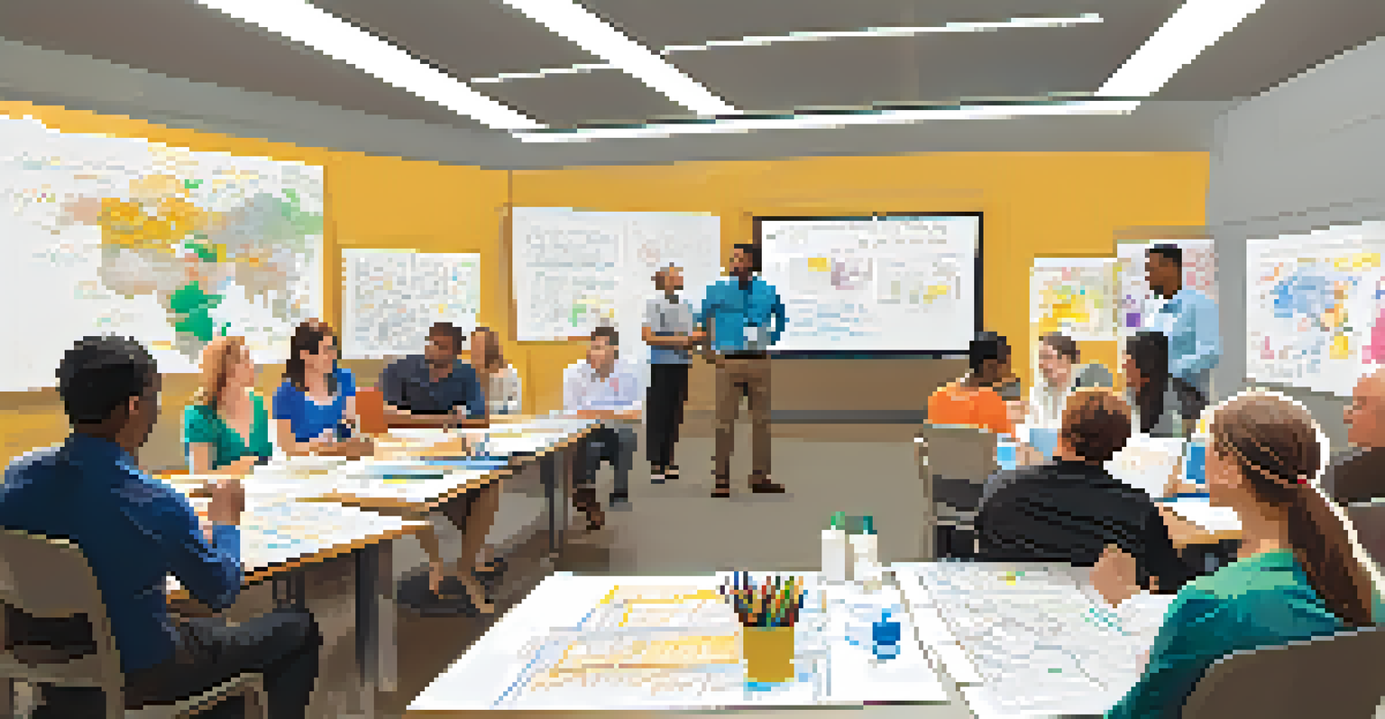 A workshop scene with a visionary leader listening to team members sharing ideas, surrounded by charts and notes, highlighting a collaborative and creative environment.
