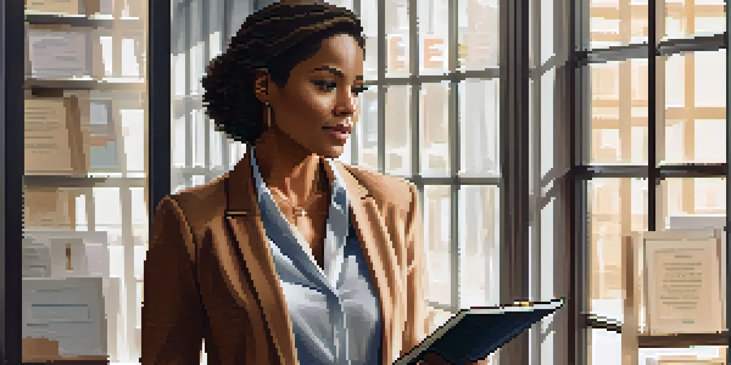 A confident professional woman in an office environment, surrounded by inspirational quotes and natural light.