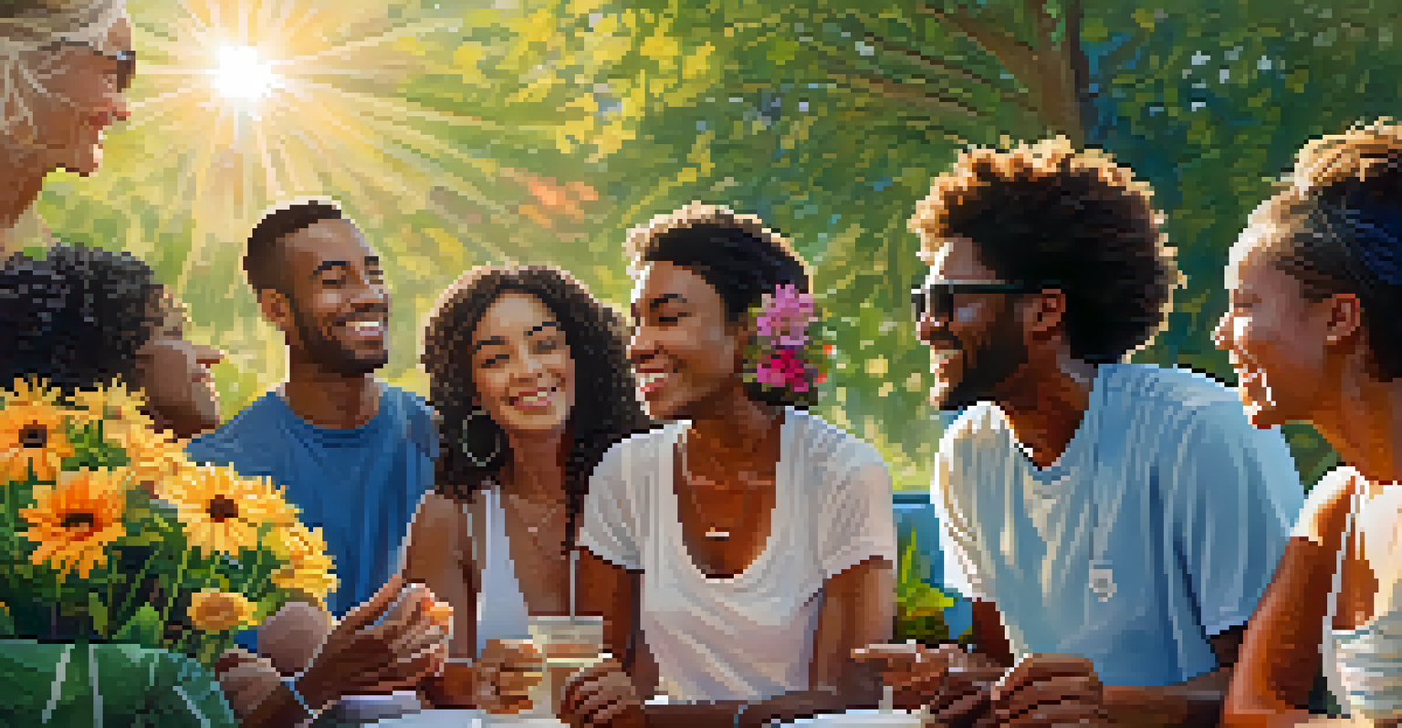 A group of diverse friends sharing positive affirmations in an outdoor setting, surrounded by flowers and sunshine.