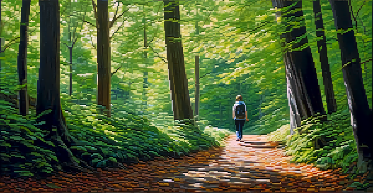 A person walking mindfully on a forest path, surrounded by trees and sunlight, creating a serene atmosphere.