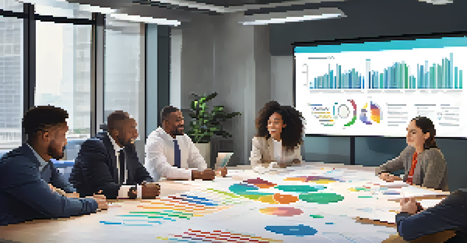 A diverse group of professionals in a modern conference room, collaborating over charts and graphs projected on a screen, showcasing teamwork and engagement.