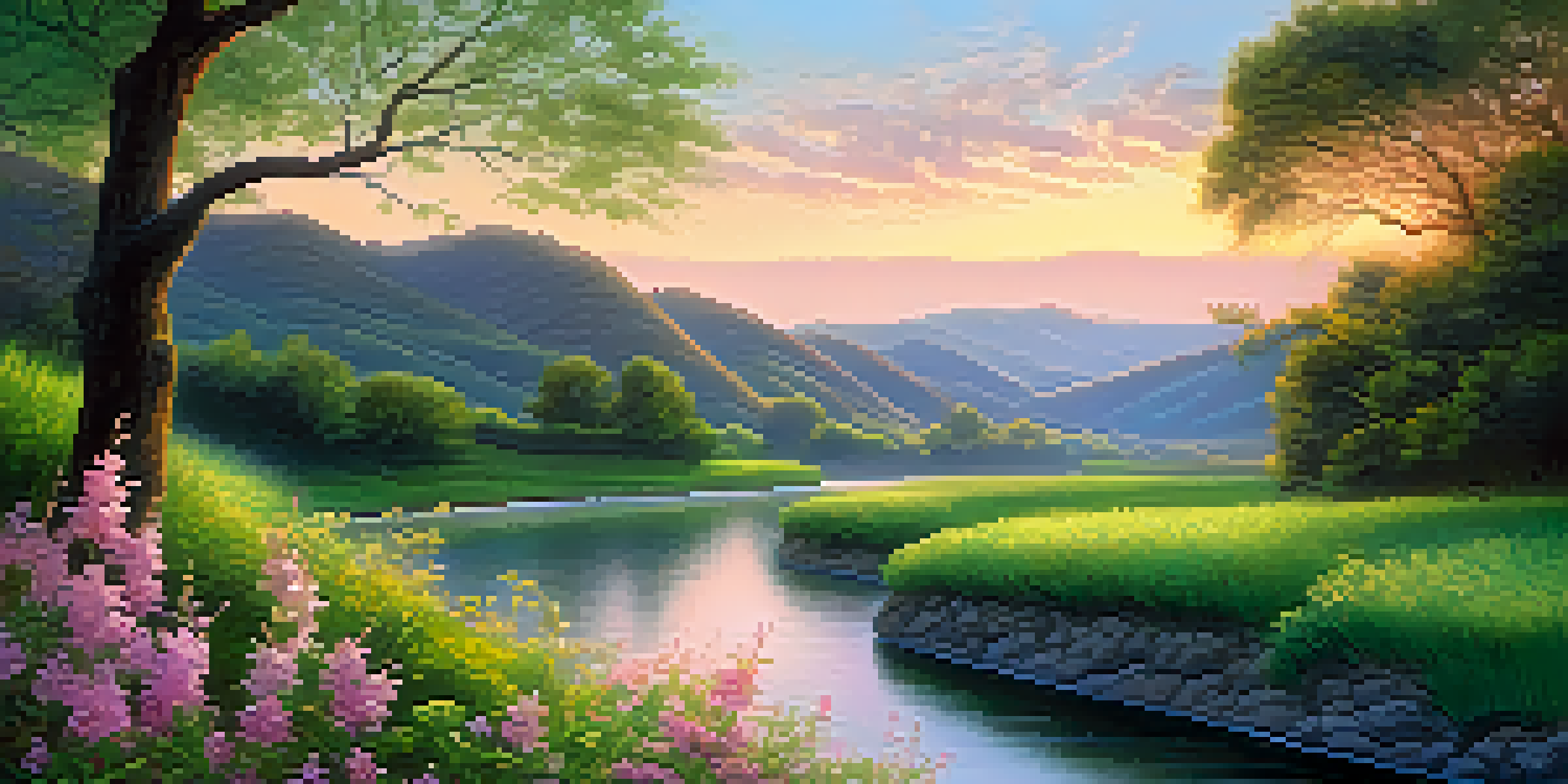 A tranquil valley landscape with a winding river, a bending tree, and blooming flowers, symbolizing resilience and adaptability.