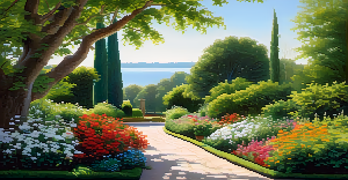 A tranquil garden scene with a winding path, colorful flowers, and sunlight filtering through trees.