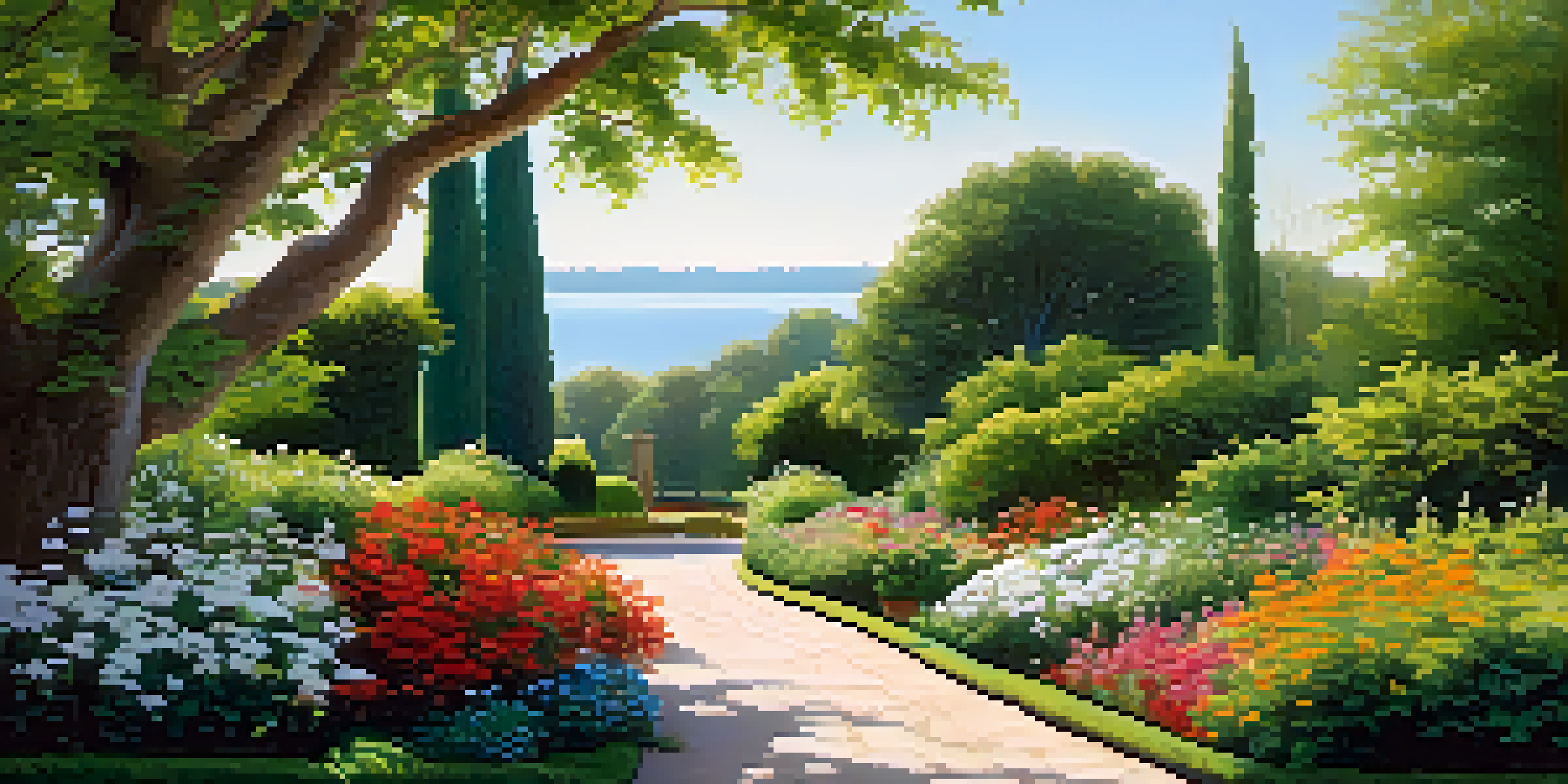 A tranquil garden scene with a winding path, colorful flowers, and sunlight filtering through trees.