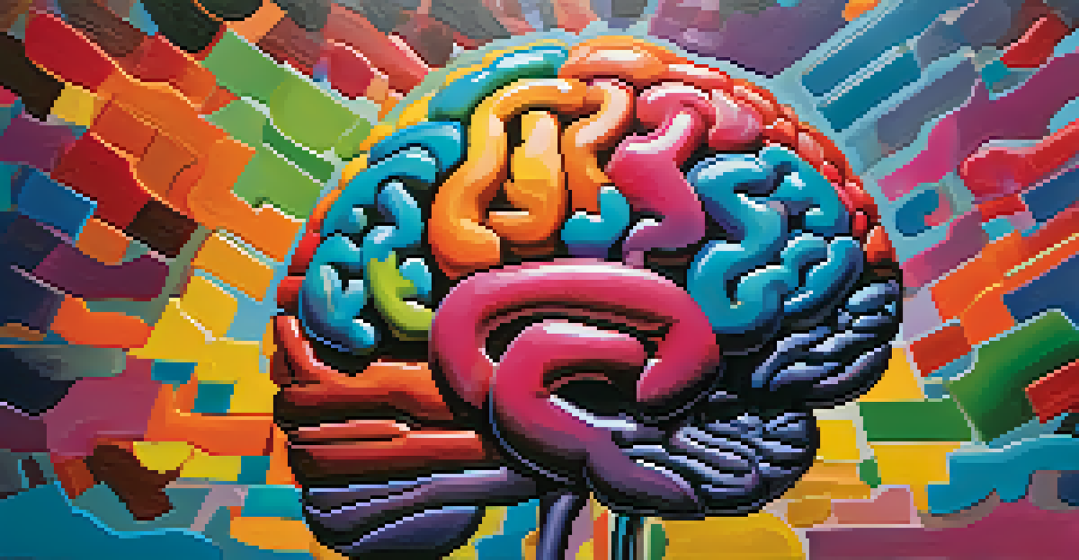An abstract colorful brain symbolizing emotional intelligence, surrounded by symbols of support like hands and hearts.