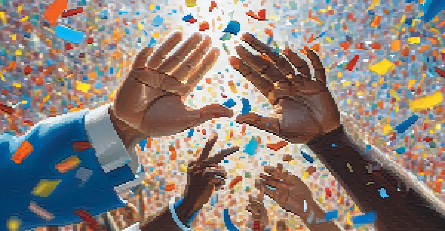 Close-up of two diverse hands high-fiving in celebration, with confetti and a blurred background indicating a festive atmosphere.
