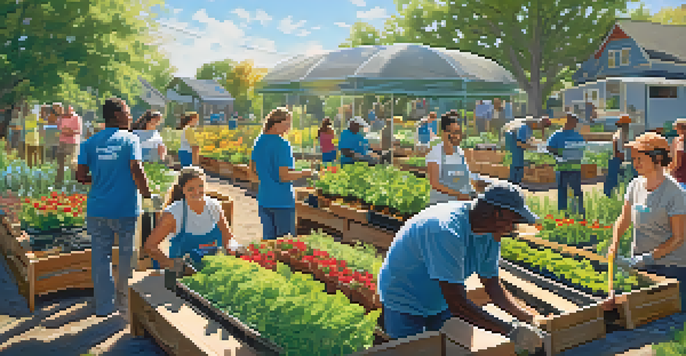 A diverse group of volunteers planting flowers and vegetables in a community garden under a bright blue sky.