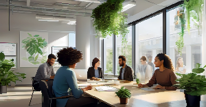 A diverse group of professionals collaborating in a bright office space filled with plants and motivational art, showcasing teamwork and emotional intelligence.