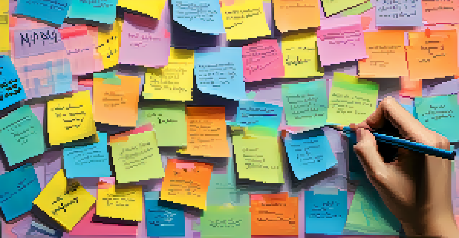 A close-up of a hand writing feedback on a notepad, with colorful sticky notes in the background.