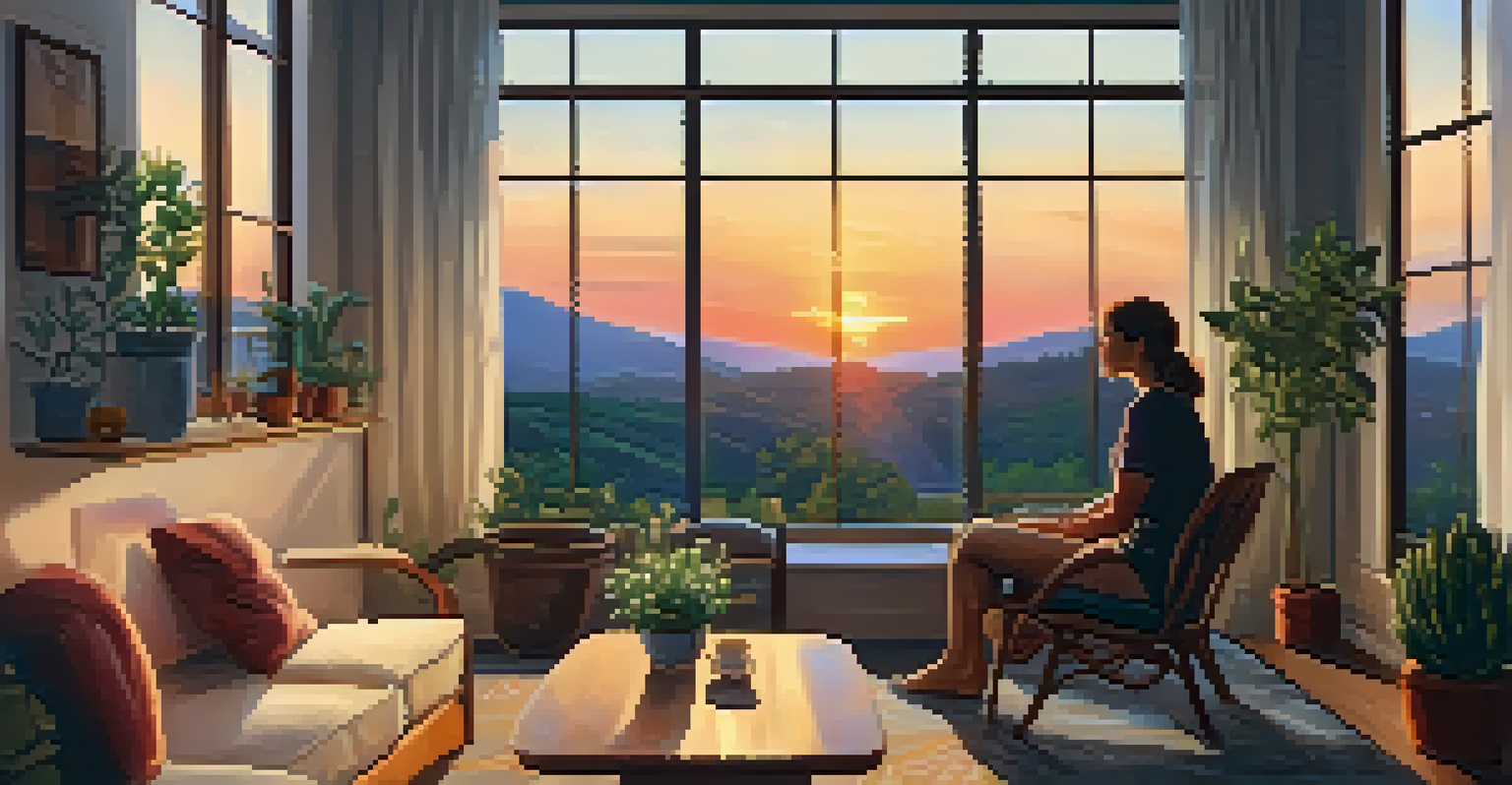 A person sitting by a window with a cup of tea, looking at a vibrant sunset in a cozy indoor setting.