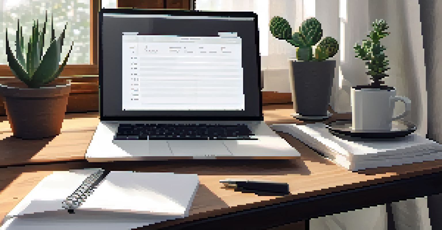 A cozy workspace with an open laptop, task list, clock, notepad, and succulents, illuminated by soft natural light.