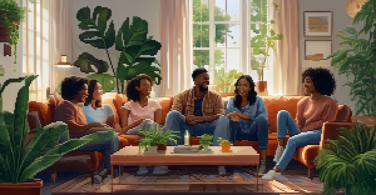 A group of friends sitting in a cozy living room, sharing laughter and support.