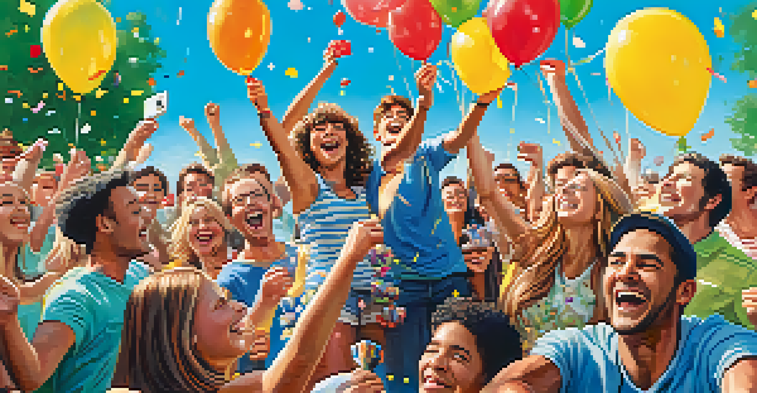 A group of friends celebrating outdoors with balloons and a cake, surrounded by laughter and a bright blue sky.