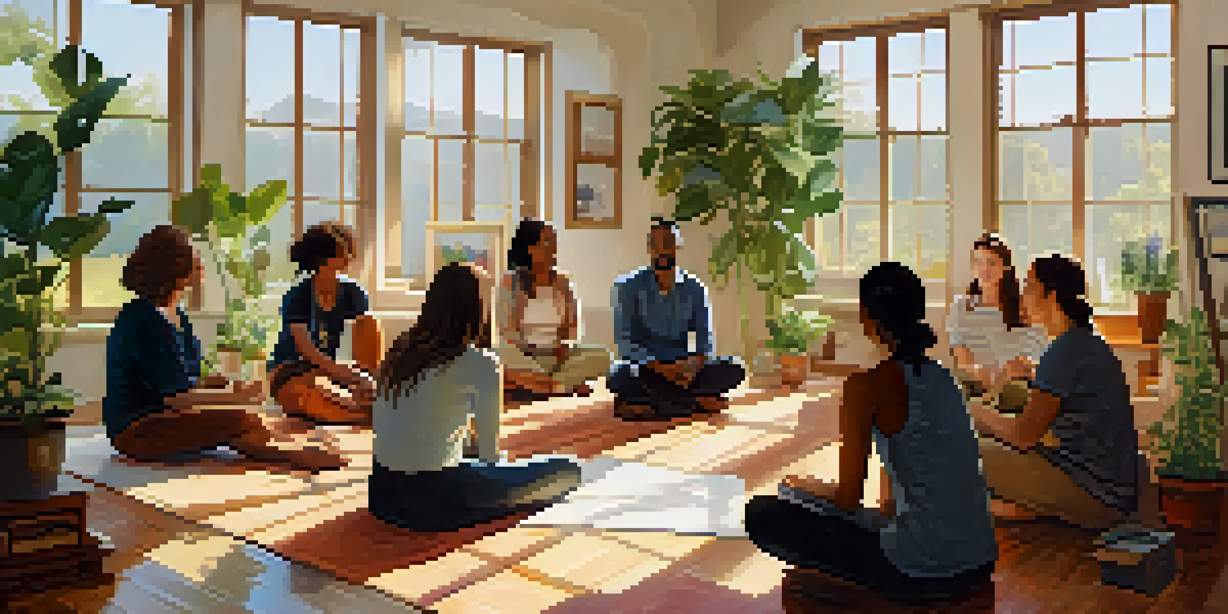 A group of diverse individuals sitting in a circle, engaged in conversation during a self-discovery workshop in a sunlit room.