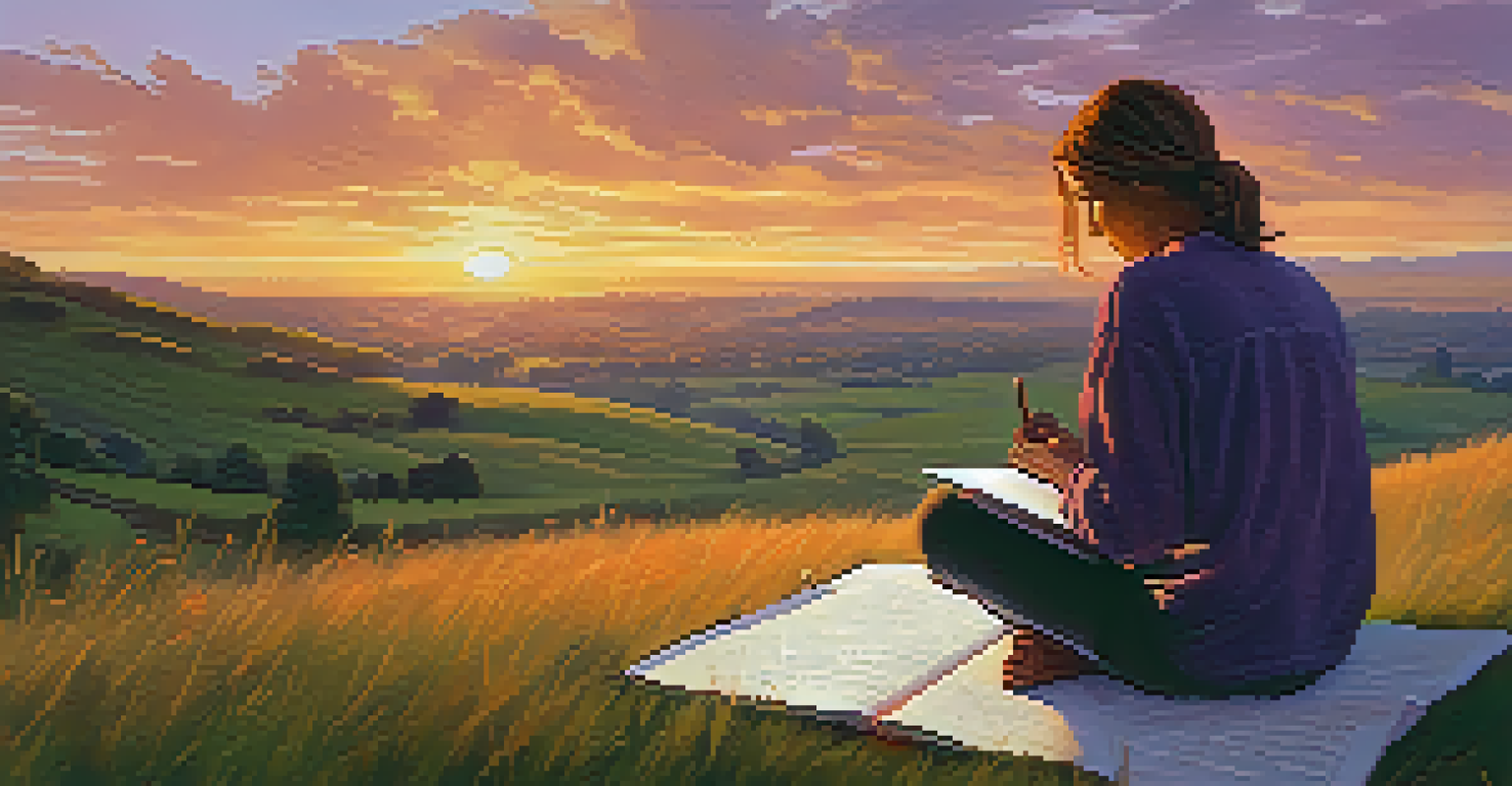 A person writing in a journal on a grassy hill during sunset, with a life map spread out beside them.