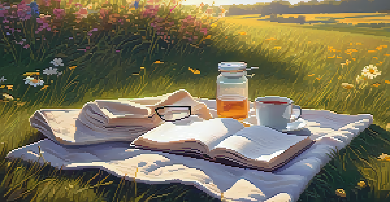 An outdoor picnic setting with a journal and glasses, surrounded by nature during golden hour.