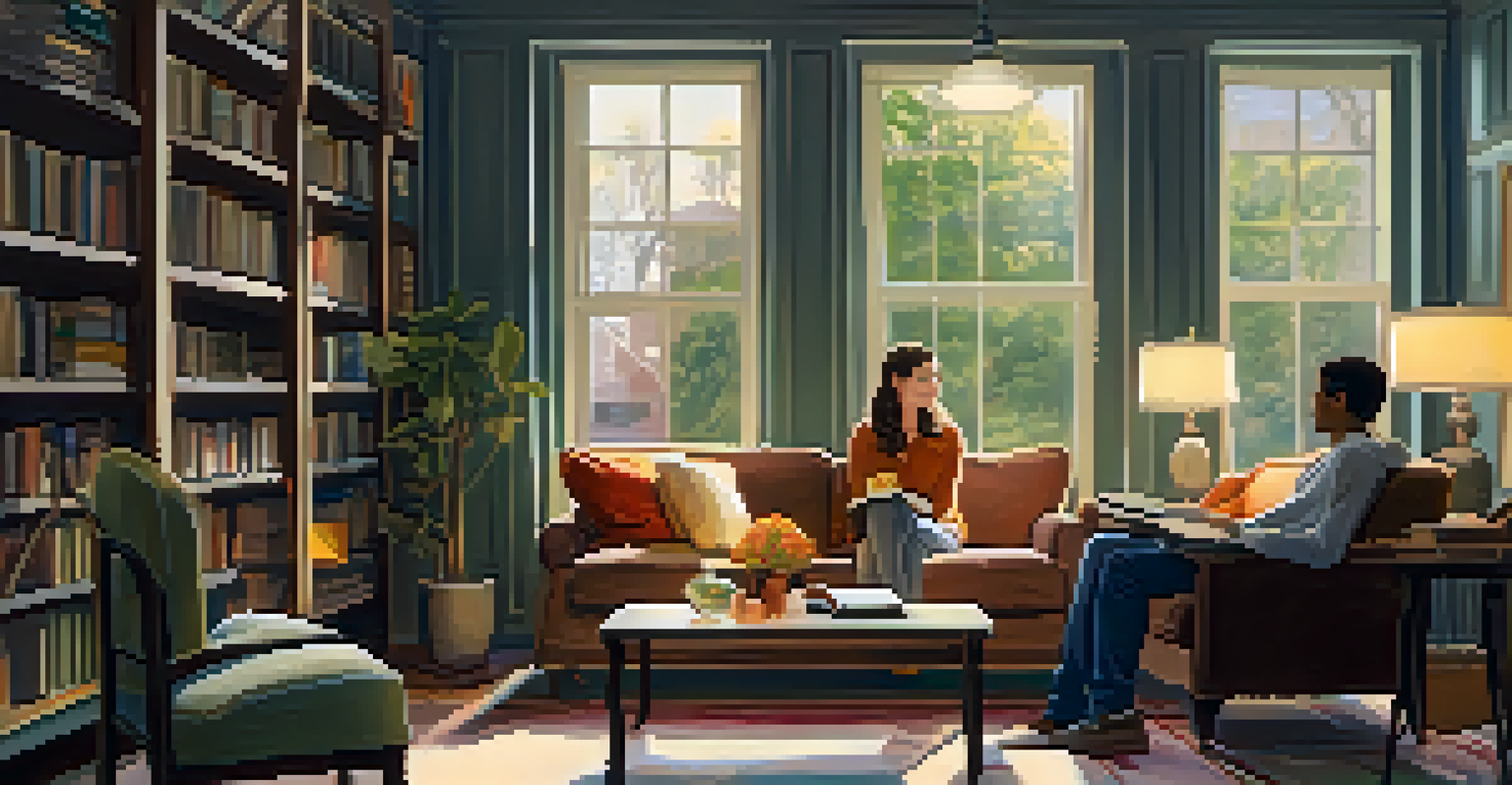 Two friends sitting on a couch in a cozy living room, one speaking and the other listening attentively.