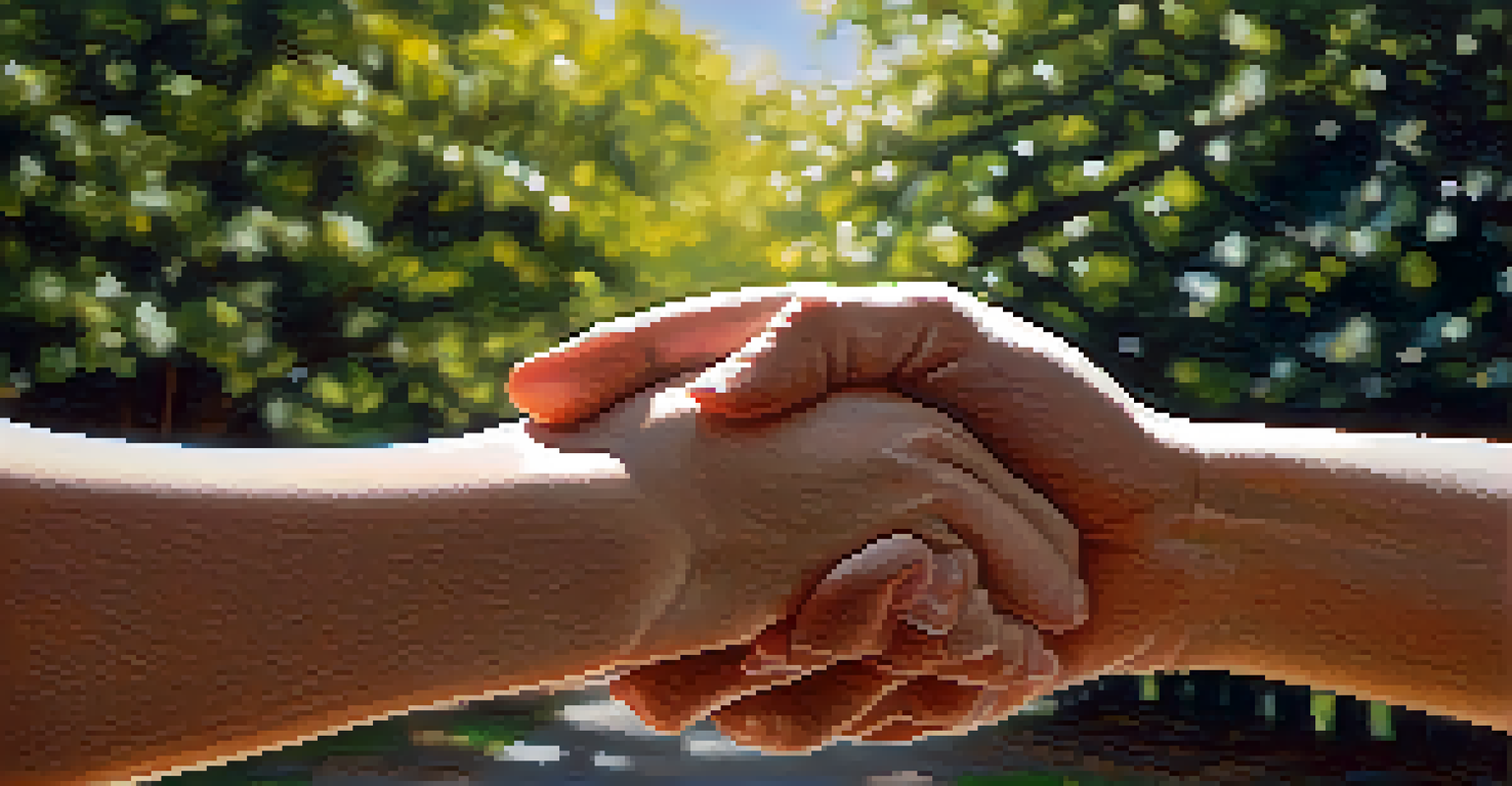 A close-up of two hands holding each other in a supportive gesture, with a soft park background.