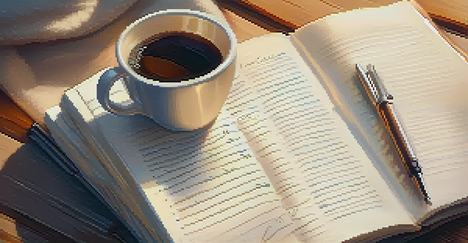 A close-up of a hand writing in a gratitude journal, surrounded by a cozy nook with a blanket and coffee.