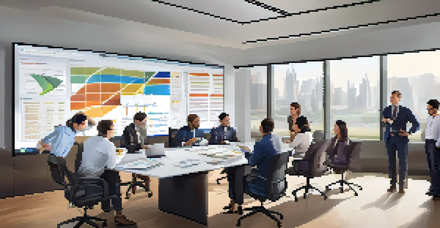 A diverse group of professionals collaborating in a meeting, reviewing charts and a SWOT analysis.