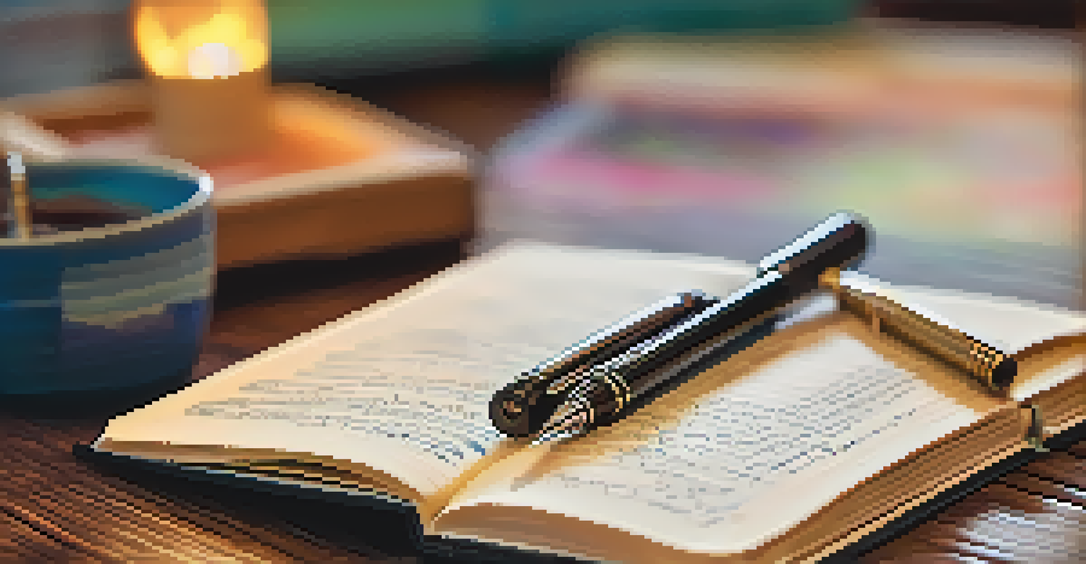 An open journal with colorful handwriting about emotions and a fountain pen on a wooden table, illuminated by soft light.