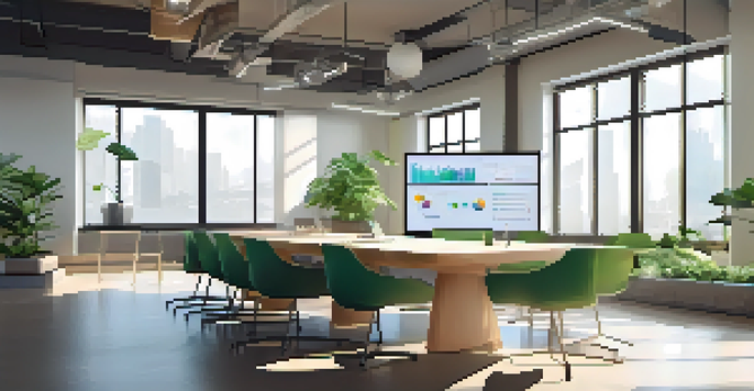 A bright conference room with a large screen showing an infographic, a neat table with notebooks and a plant.
