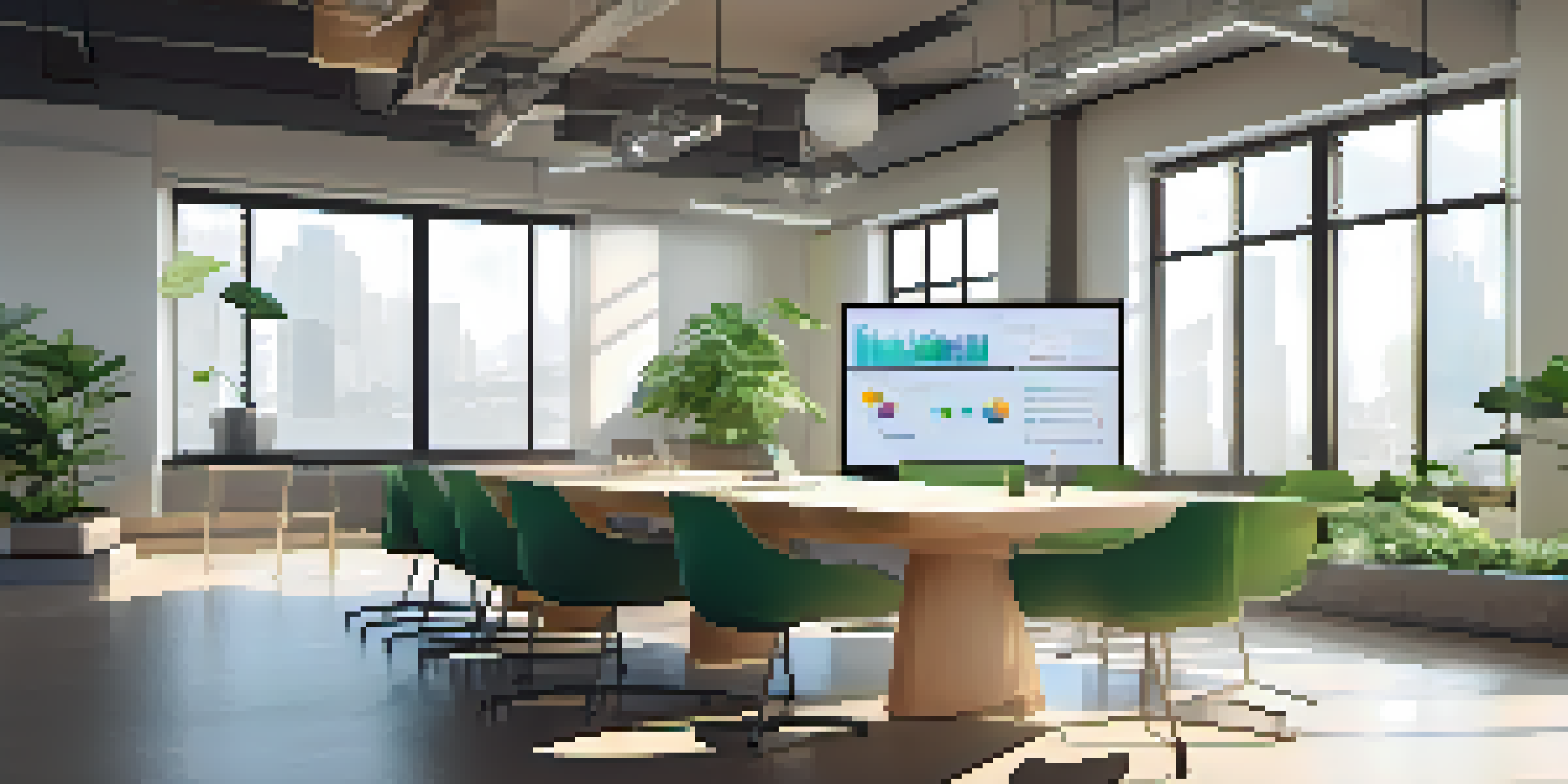 A bright conference room with a large screen showing an infographic, a neat table with notebooks and a plant.