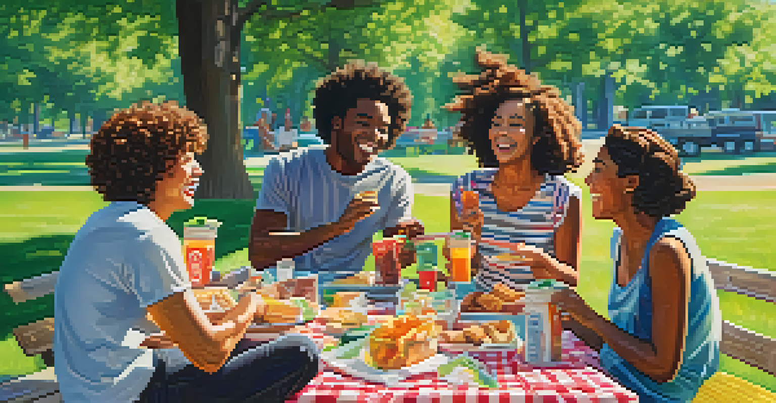 Friends laughing and sharing jokes at a picnic table in a sunny park, surrounded by greenery.