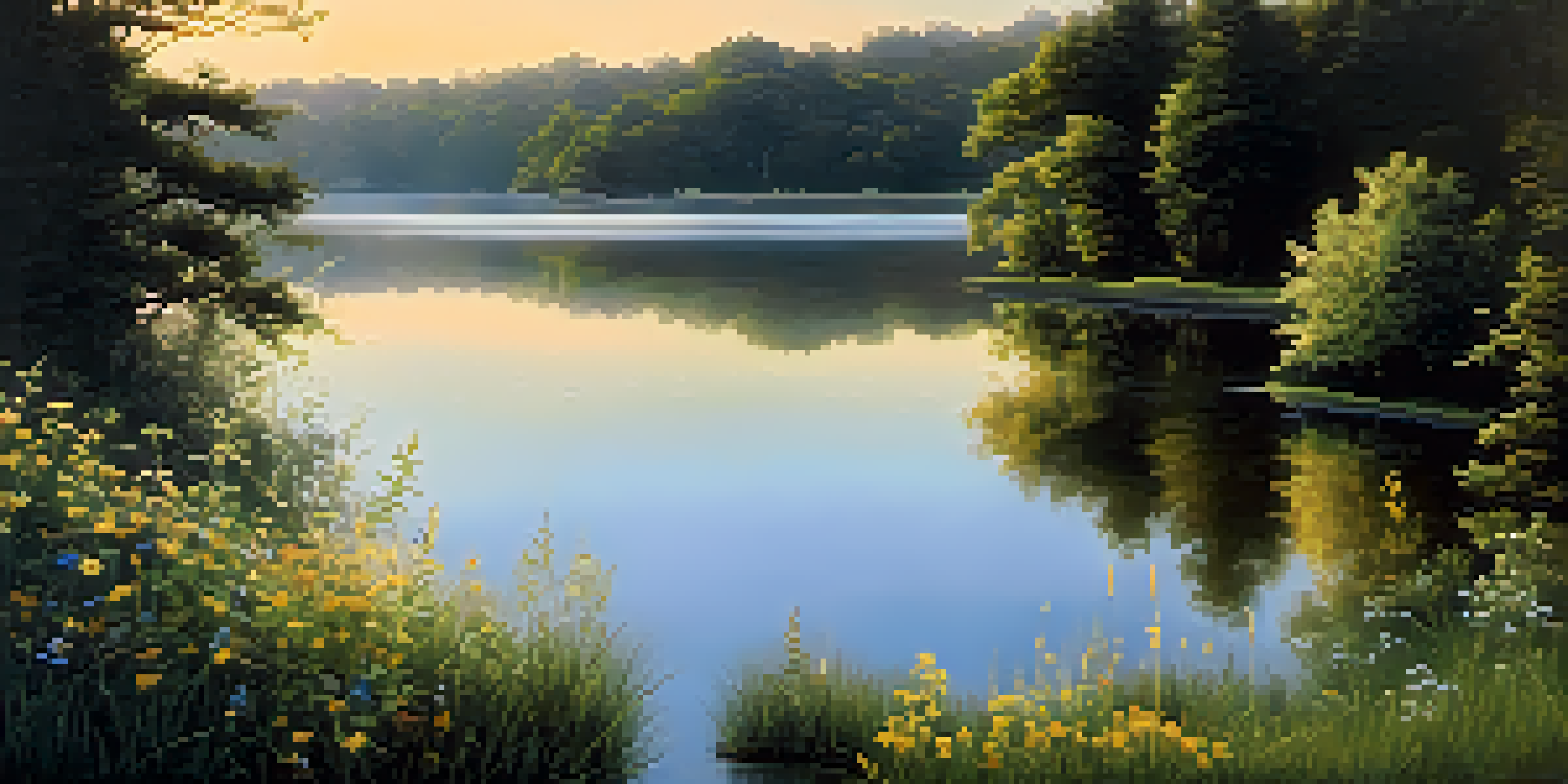 A peaceful sunrise over a calm lake, with green trees and colorful wildflowers.