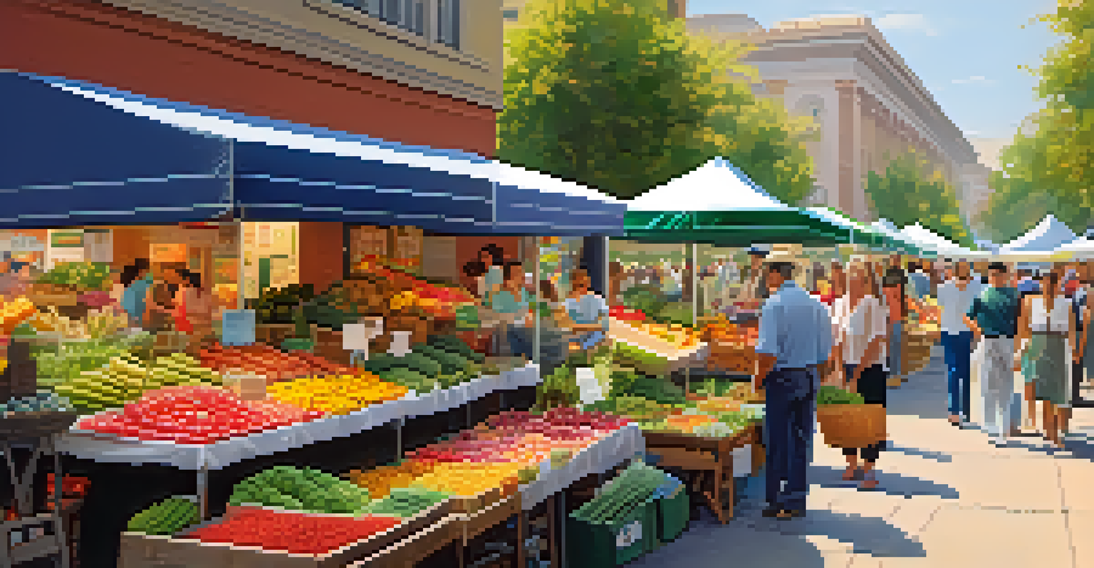 A lively farmer's market with colorful stalls selling fresh produce and flowers.