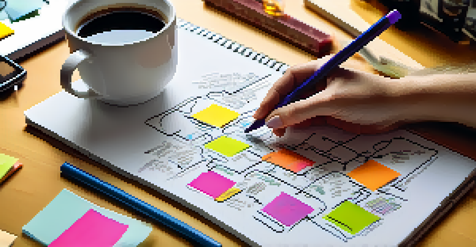 A close-up of a hand sketching a mind map on a notepad, with colorful markers and sticky notes around, in a cozy study setting.