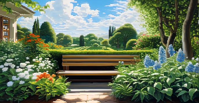 A tranquil garden scene featuring vibrant plants and flowers, a wooden bench, and sunlight filtering through the leaves.