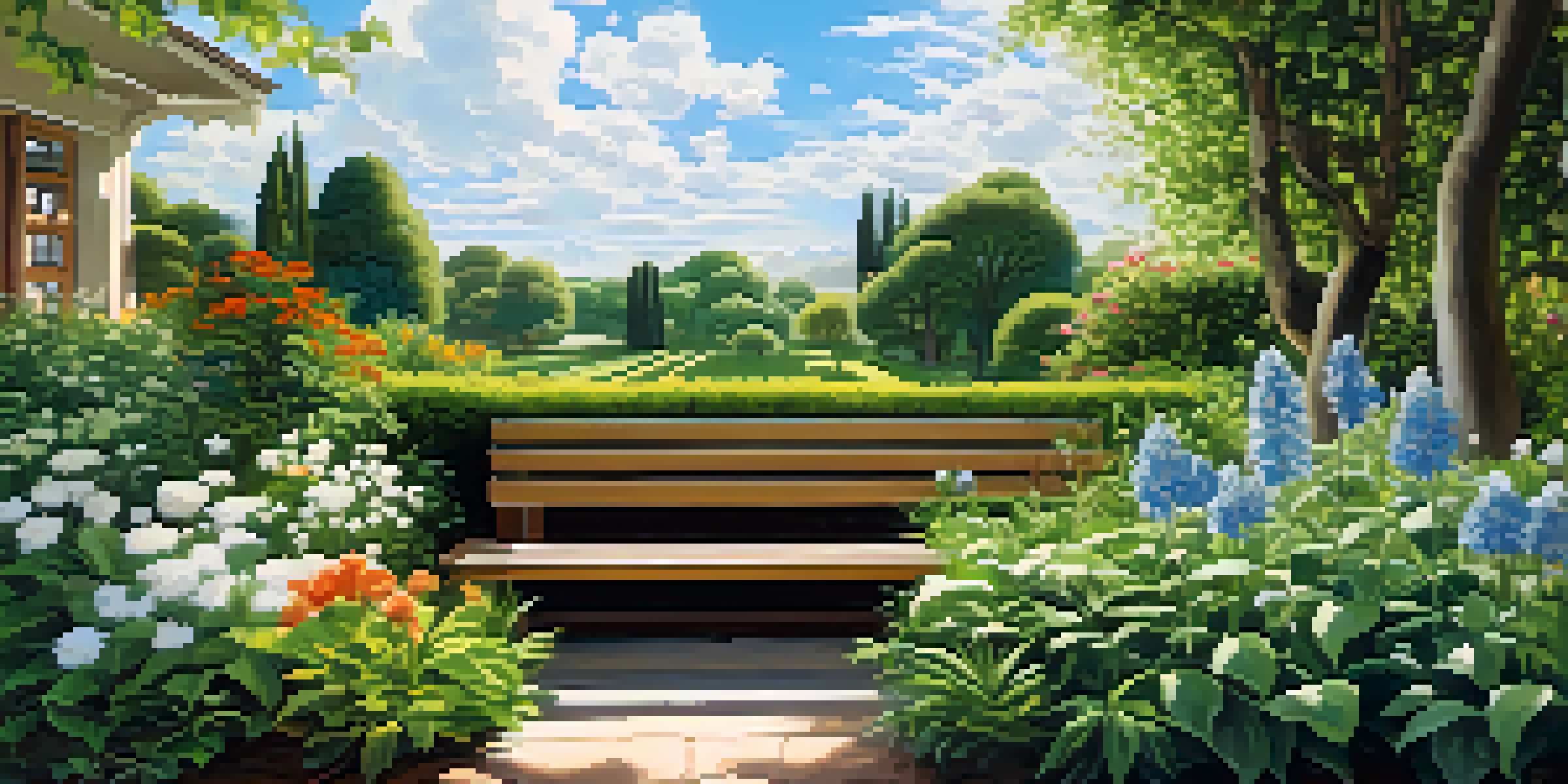 A tranquil garden scene featuring vibrant plants and flowers, a wooden bench, and sunlight filtering through the leaves.