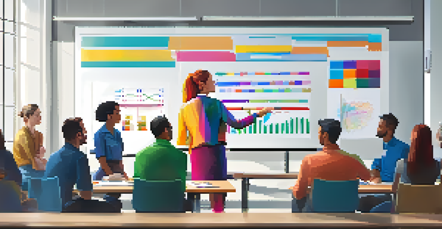 A person explaining a graph on a whiteboard to attentive colleagues in a collaborative setting.