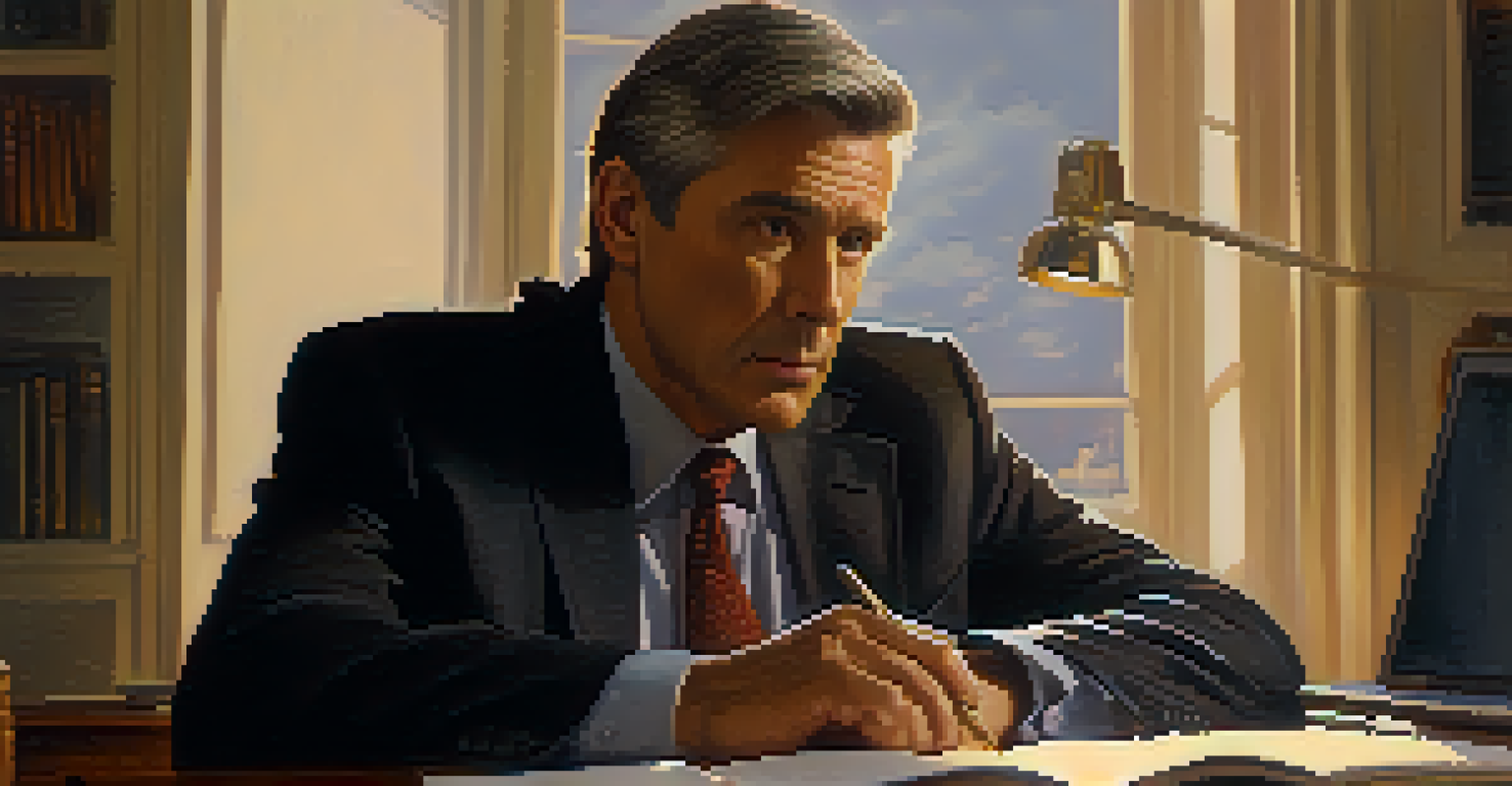 A thoughtful leader at a desk with notebooks and a laptop, reflecting on past experiences.