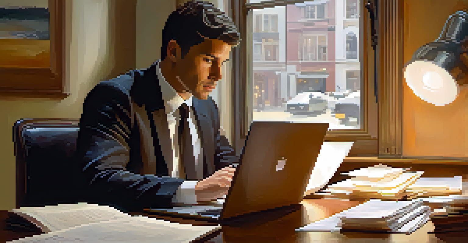 An individual at a desk reflecting on feedback, with a laptop and papers, in a warmly lit environment.