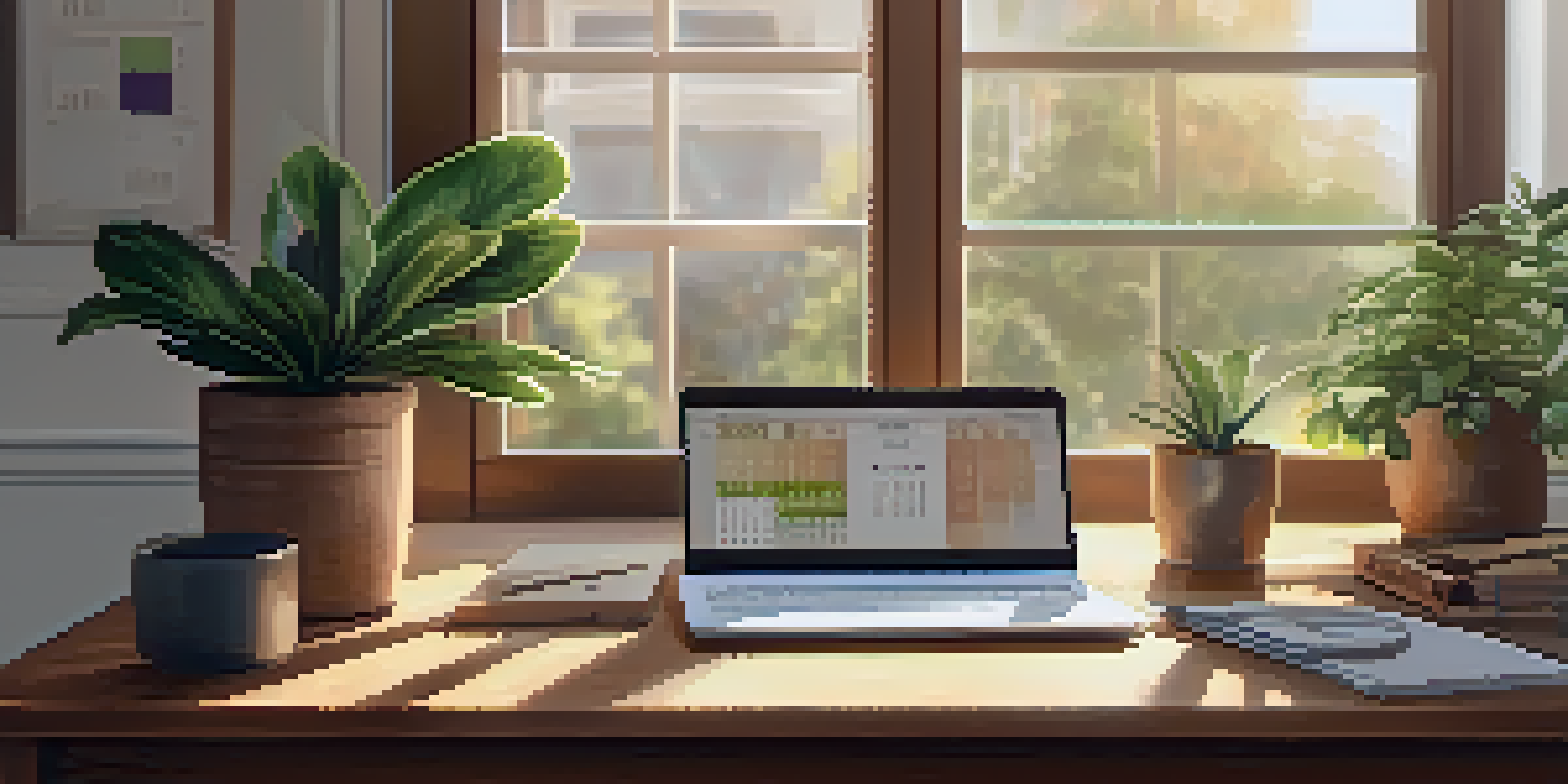 A bright and organized workspace with a wooden desk, a laptop, and a potted plant bathed in soft morning light.