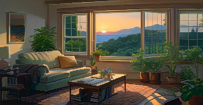 A couple sitting in a warmly lit living room, engaged in a deep conversation, with plants and a sunset view through the window.