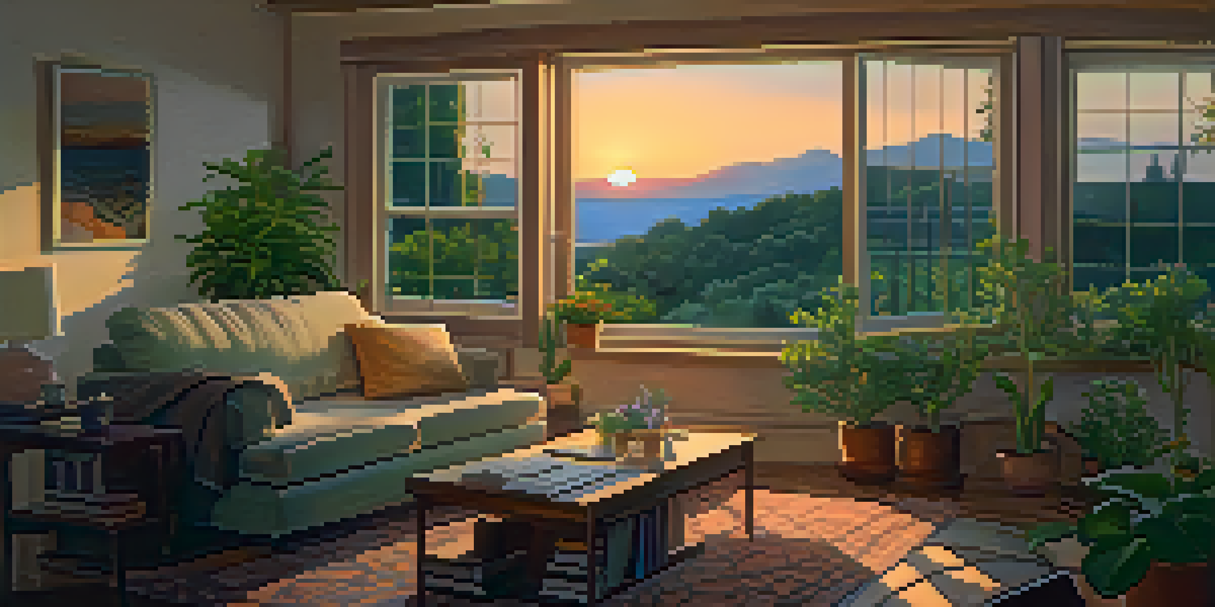 A couple sitting in a warmly lit living room, engaged in a deep conversation, with plants and a sunset view through the window.