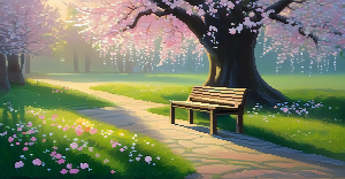 A peaceful garden at dawn with flowers, grass, and a bench under a cherry tree.