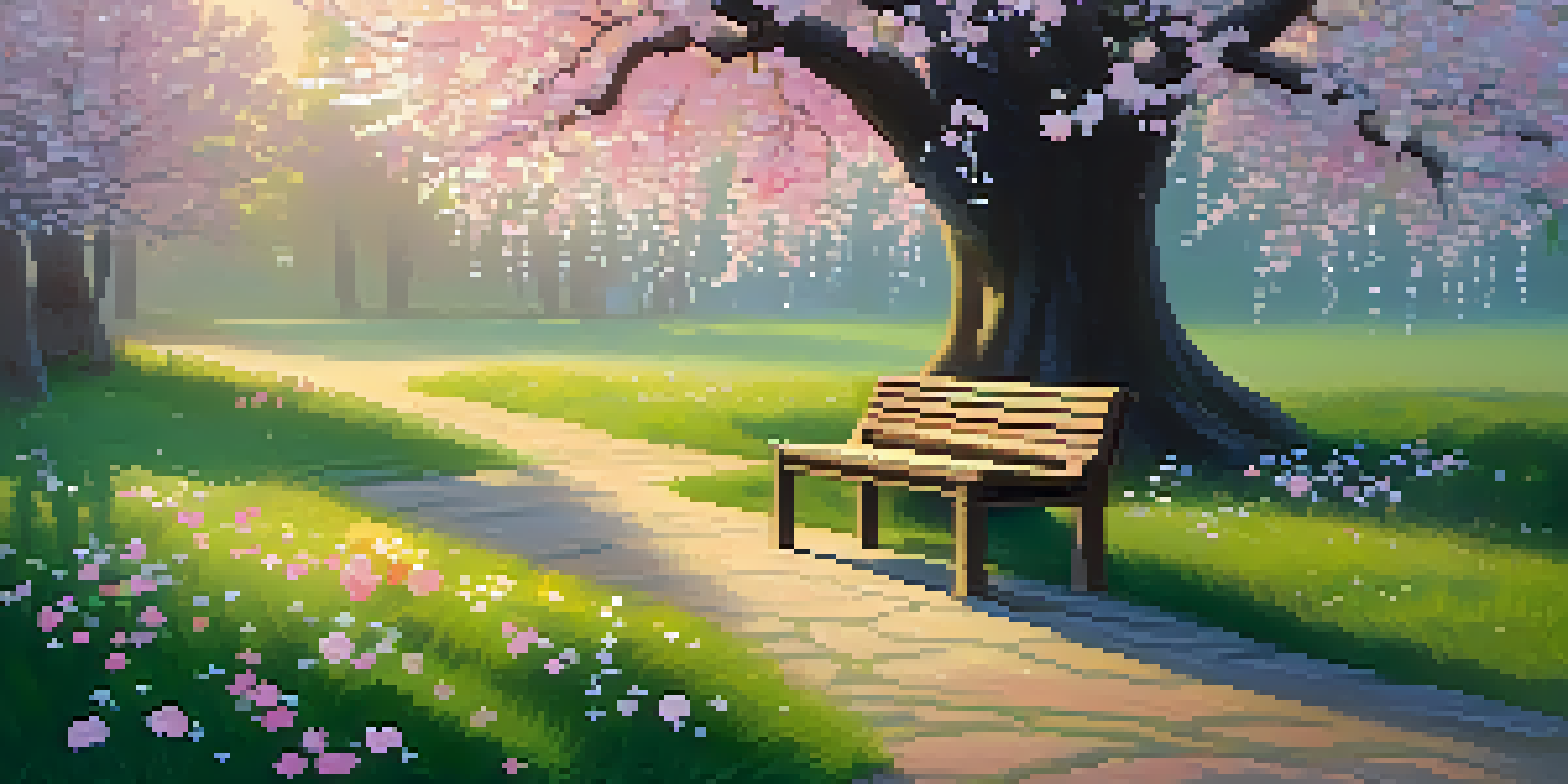 A peaceful garden at dawn with flowers, grass, and a bench under a cherry tree.
