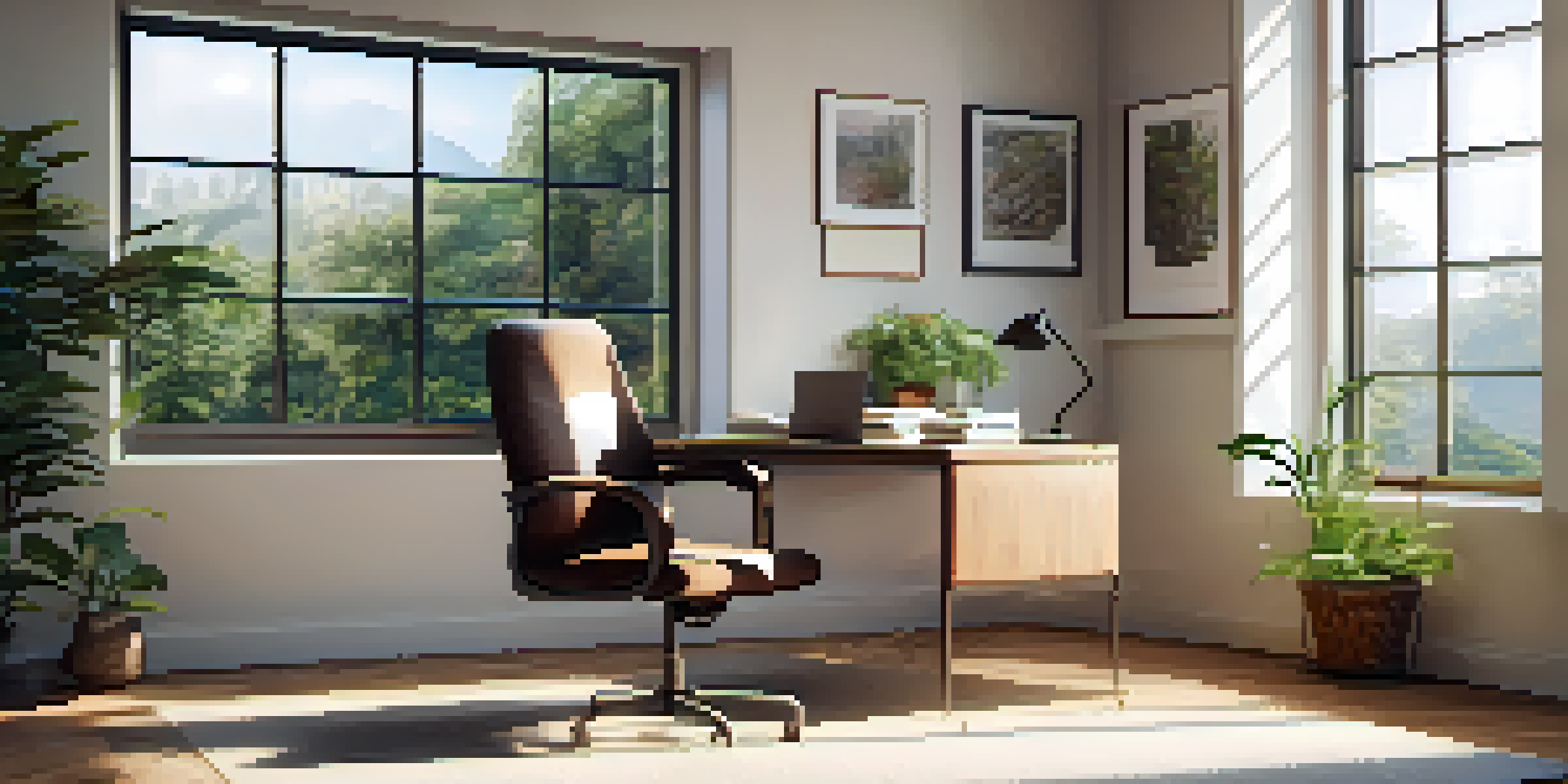 A tranquil office environment with a view of nature, a desk with a notebook and tea, and plants, promoting relaxation and mindfulness.
