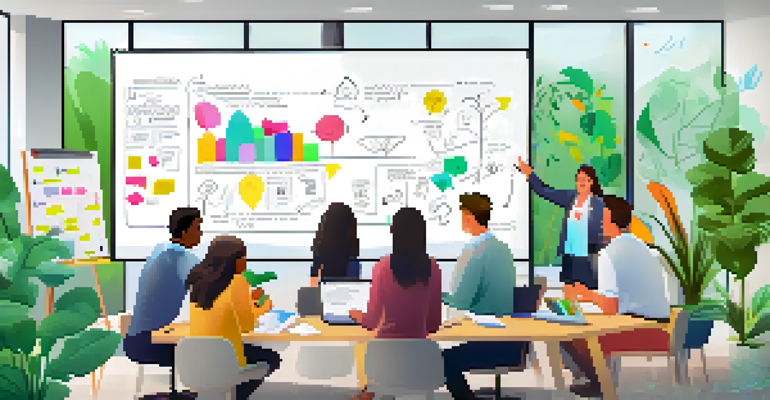 A team brainstorming session in a bright office, showcasing collaboration and creativity with sticky notes on a whiteboard.