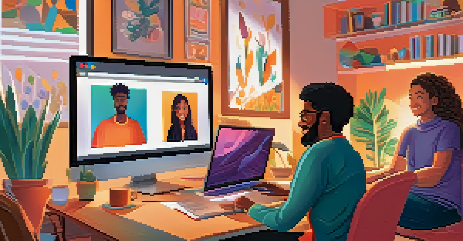 A diverse group of people participating in a virtual webinar on their laptops, smiling and engaged.