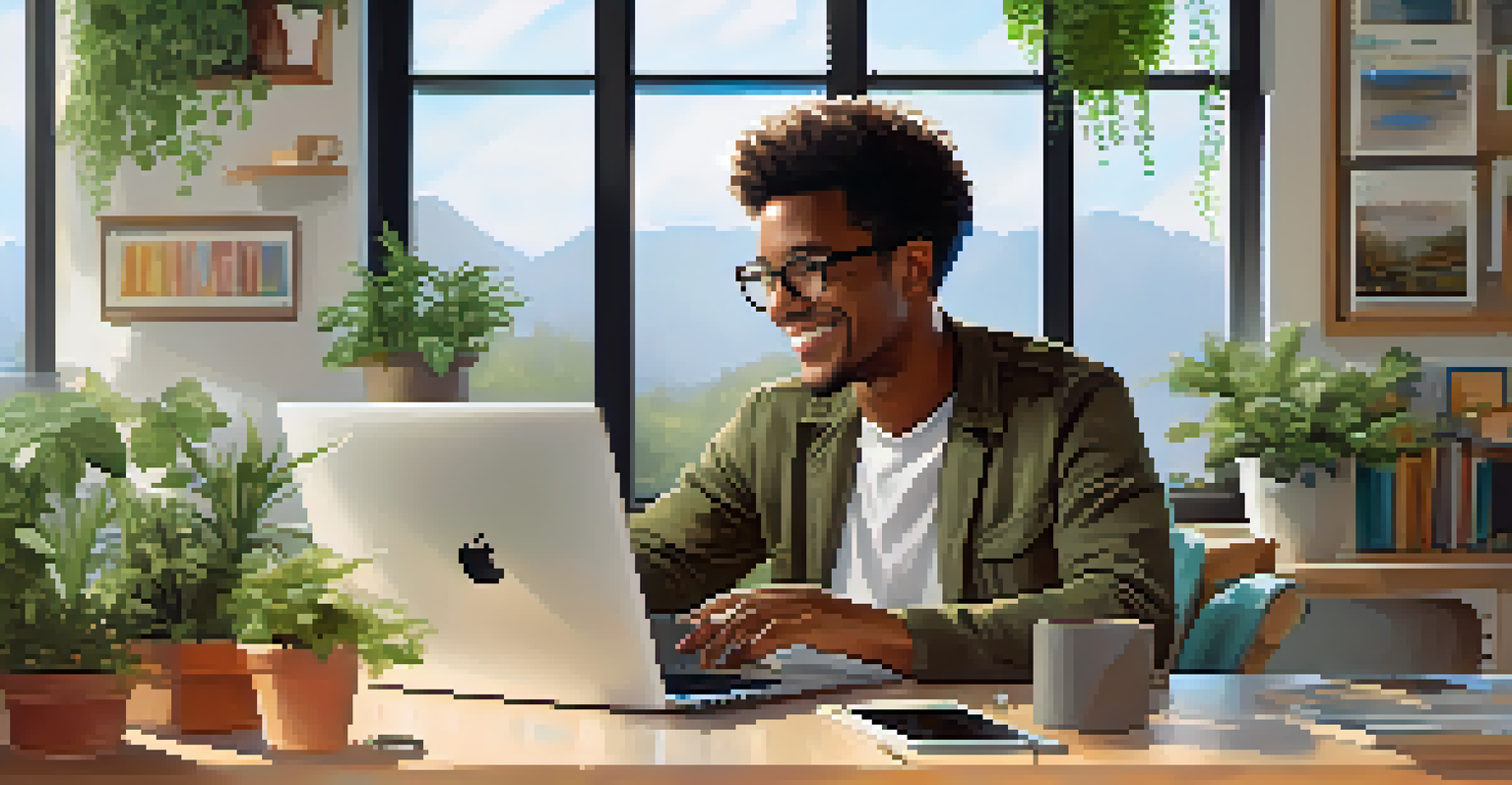 A person using a laptop to network online, smiling as they engage with a social media platform in a cozy home office.