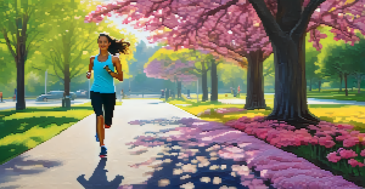 A person jogging in a sunny park, wearing a fitness tracker on their wrist, surrounded by blooming flowers and trees.