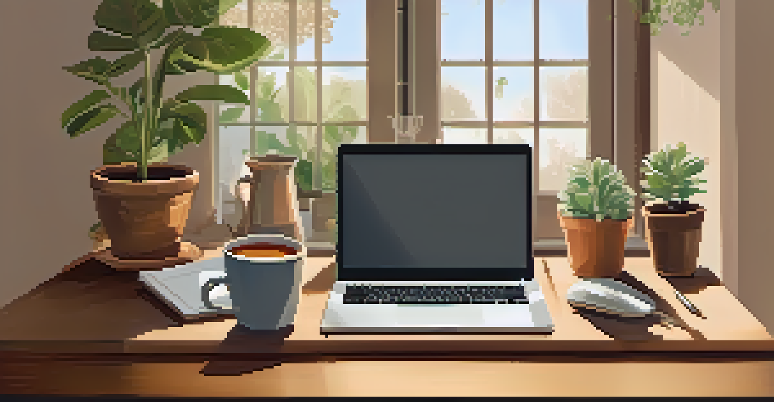 A cozy workspace featuring a wooden desk, a potted plant, a cup of tea, and an open laptop.